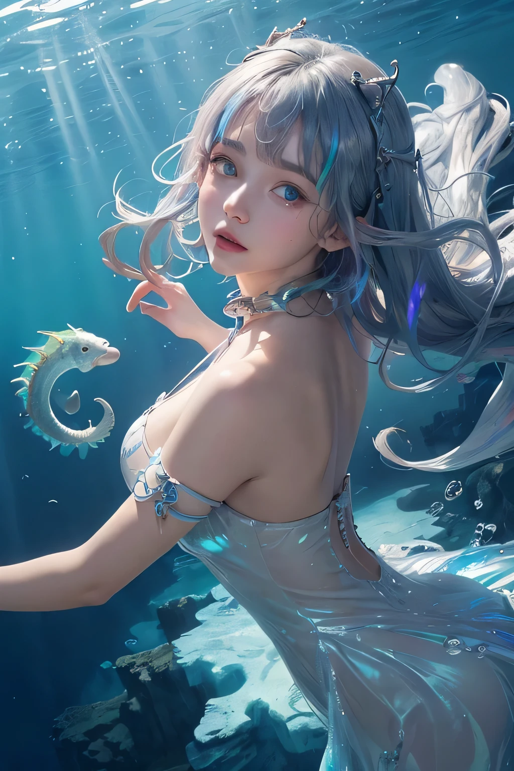 (masterpiece, top quality, best quality,1girl, long hair, (glowing:1.15), (team:1.1), (monarch:1.05),Long coat,surrounded by huge Chinese dragons,dragon open mouse,1girl,solo,light_blue_hair,liquid hair, long hair,floating hair, standing,sundress, liquid clothes, water,waves, tsunami,tide,sea,water dress, negative space,,