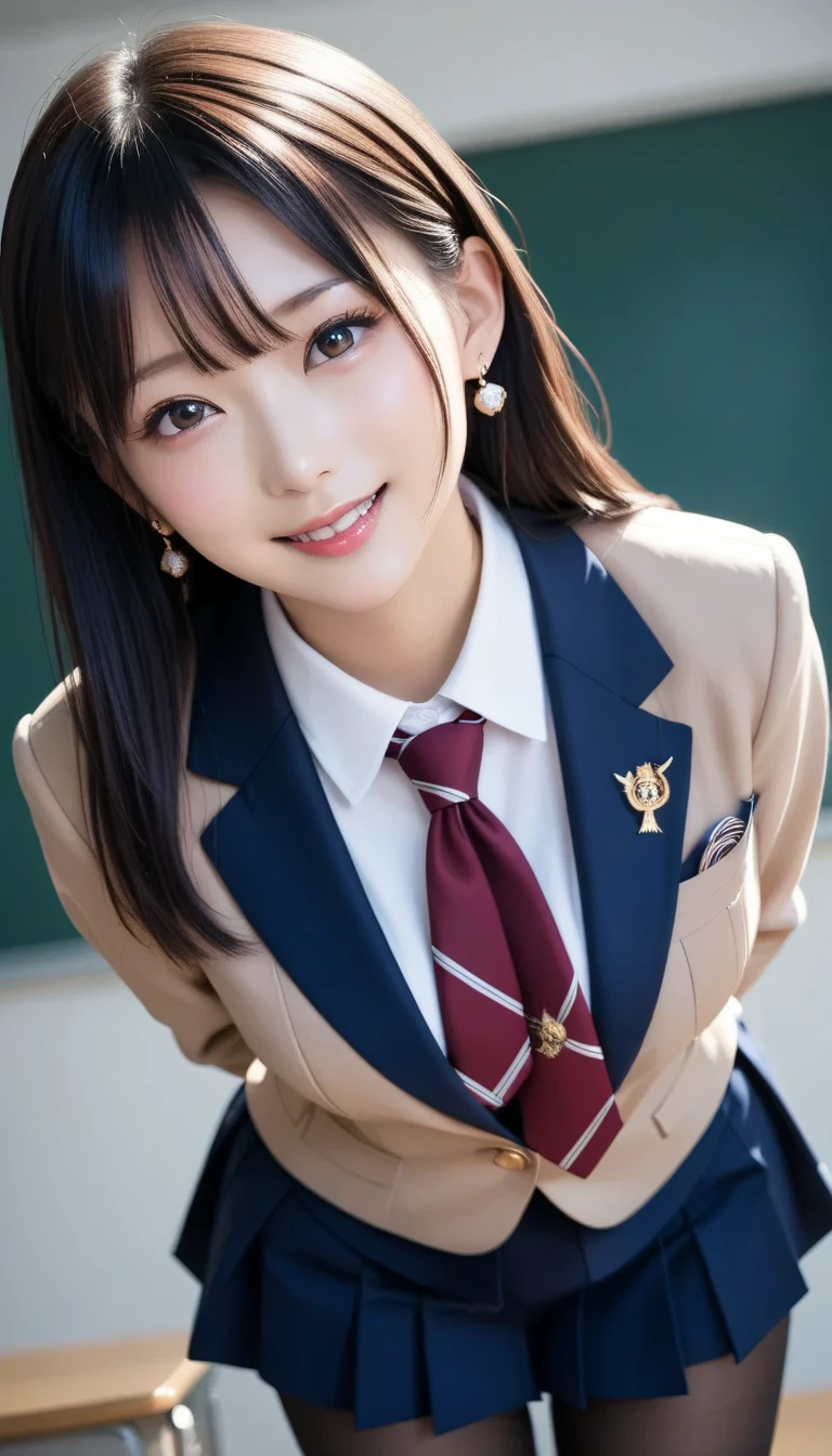 スコア_9, スコア_8_アップ, スコア_7_アップ, sアップer detailed, BREAK A breathtakingly beautiful Japanese woman with long, silky black hair, wearing a modern school uniform with a fitted blazer, short skirt, and tights. She has a radiant smile, stunning facial and eye details, and a confident yet graceful demeanor. She is posing in a classroom setting, leaning forward slightly with her hands placed behind her back, emphasizing her elegant posture. Her figure is curvaceous with a focus on her proportions, and the scene captures her in a dynamic position as she squats or does the splits. The atmosphere includes soft steam or light haze for added depth and realism. Ultra-high-definition, 32K resolution, masterpiece-level detail, Hausmo style.