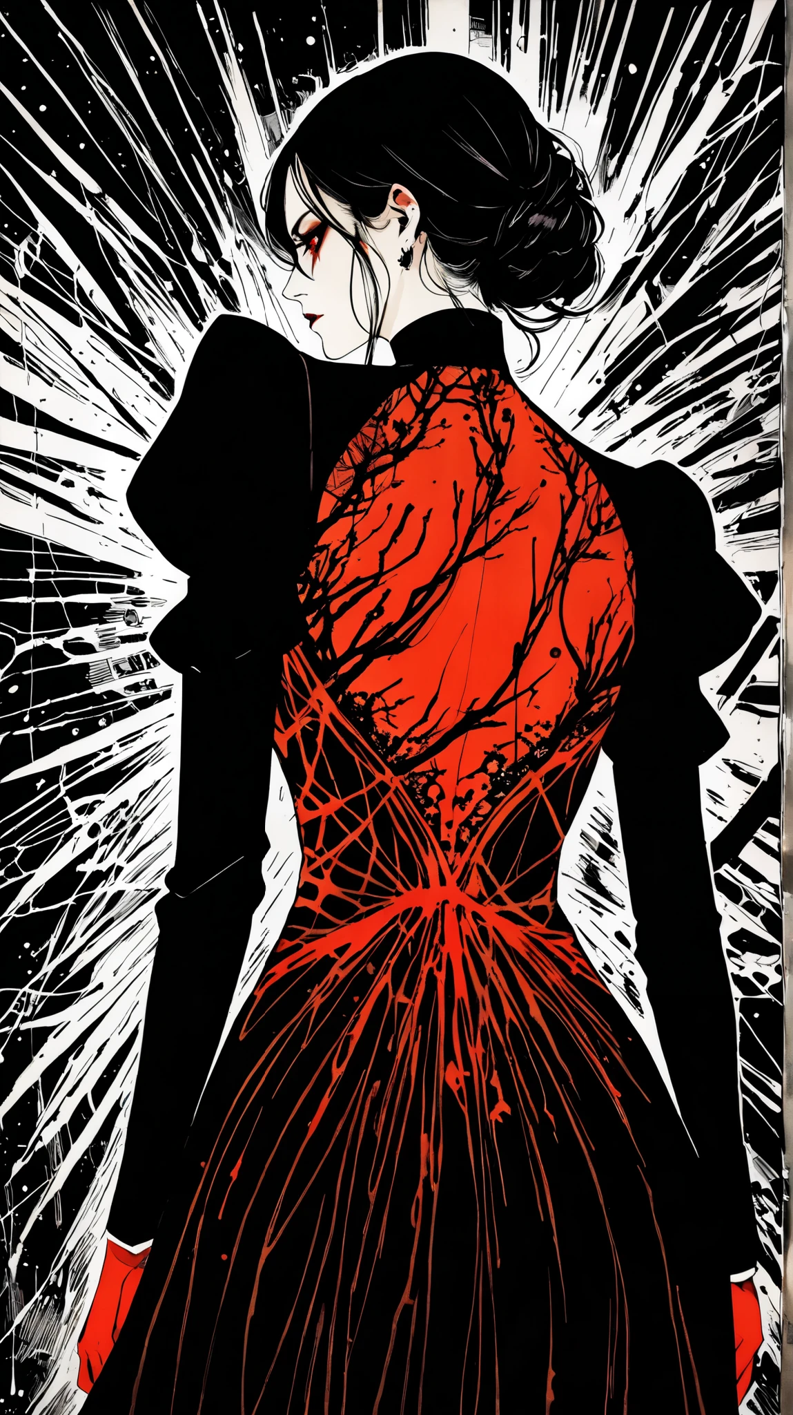 (work of art,best qualityer,),lonely, 1 blonde woman,female focus, red theme, hair on the wind, contour, ink spatter, ink painting, red and black, rich details details,line art,