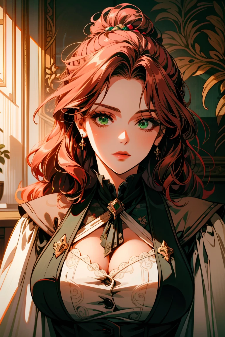 older woman, detailed background, every detail is rendered in superb detail, perfect composition, masterpiece, best quality, 8k, ultra-detailed, anime, correct anatomy, red hair, wavy hair, green eyes, modern dress, deatiled face, correct eye anatomy , noblewoman , milf, voluptuous body