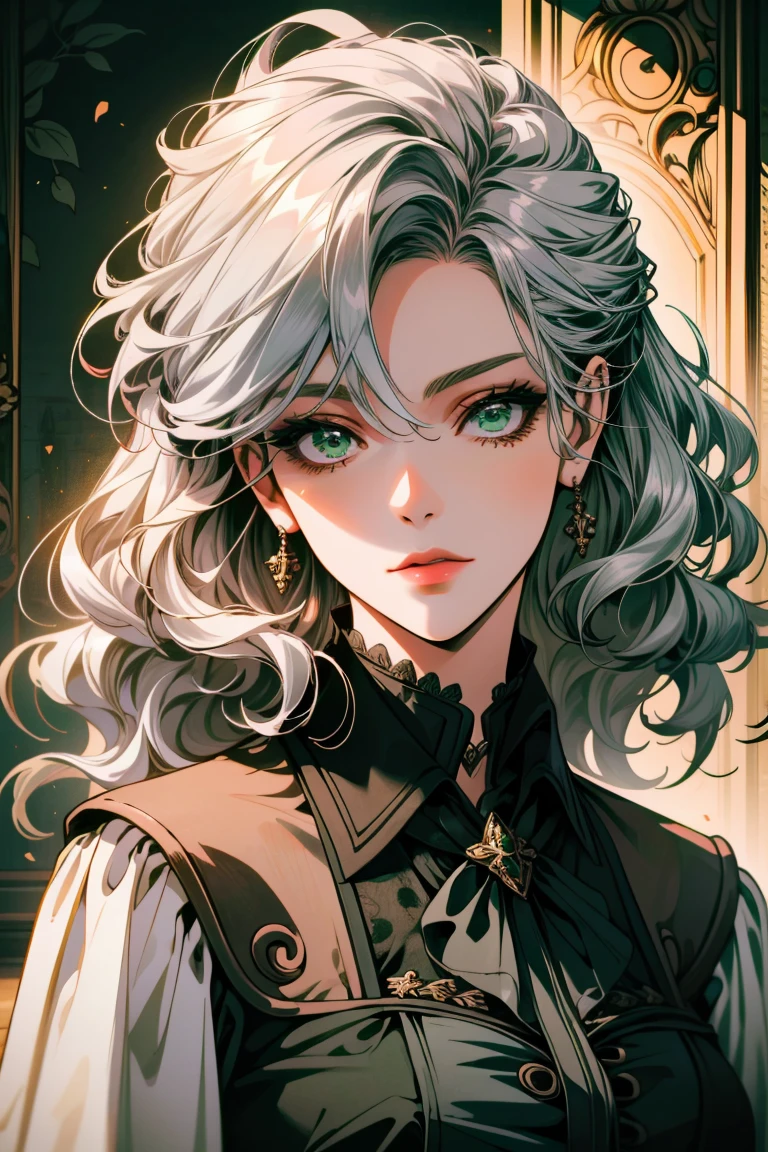 older woman, detailed background, every detail is rendered in superb detail, perfect composition, masterpiece, best quality, 8k, ultra-detailed, anime, correct anatomy, silver white hair, wavy hair, green eyes, modern dress, deatiled face, correct eye anatomy