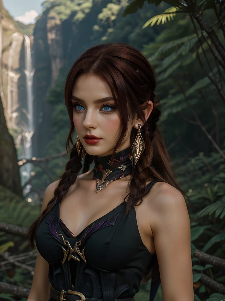 A tall woman in realistic portrait of high quality and detail, full-length photo, european, Chasca (Genshin Impact), Dark red hair reaching to the middle of the back, and bright blue eyes. The bangs have a purple tint at the tips and completely cover the left eye. If you look closely, you will notice a small pigtail on the right side of the head. a short sleeveless top with a cutout at the bottom, black leggings of different lengths, high-heeled boots and a red scarf around the neck. Her image is completed by a brown belt with a massive buckle, a hat with feathers, a gold earring in her right ear and fingerless gloves, pointed ears. 2000's movie style, fantasy, summer atmosphere, happy look, glow, eye shadow, 1girl, Depth & Perspective, fine face, She stands on the stone, outdoors, rainforest on background, evening time, looking at viewer, (ultra-high detail:1.2), Masterpiece, Best Quality, Ultra-detailed, Cinematic lighting, 8K, delicate features, cinematic, 35 mm lens, f/1.9, highlight lighting, global lighting –uplight –v 4, cinematic, Cinematic lighting, 8K, high quality, Highest Quality, (Solo Focus), (extremly intricate:1.3), (Realistic), masterful, Analog style, (Film grain:1.5), (cold tone),