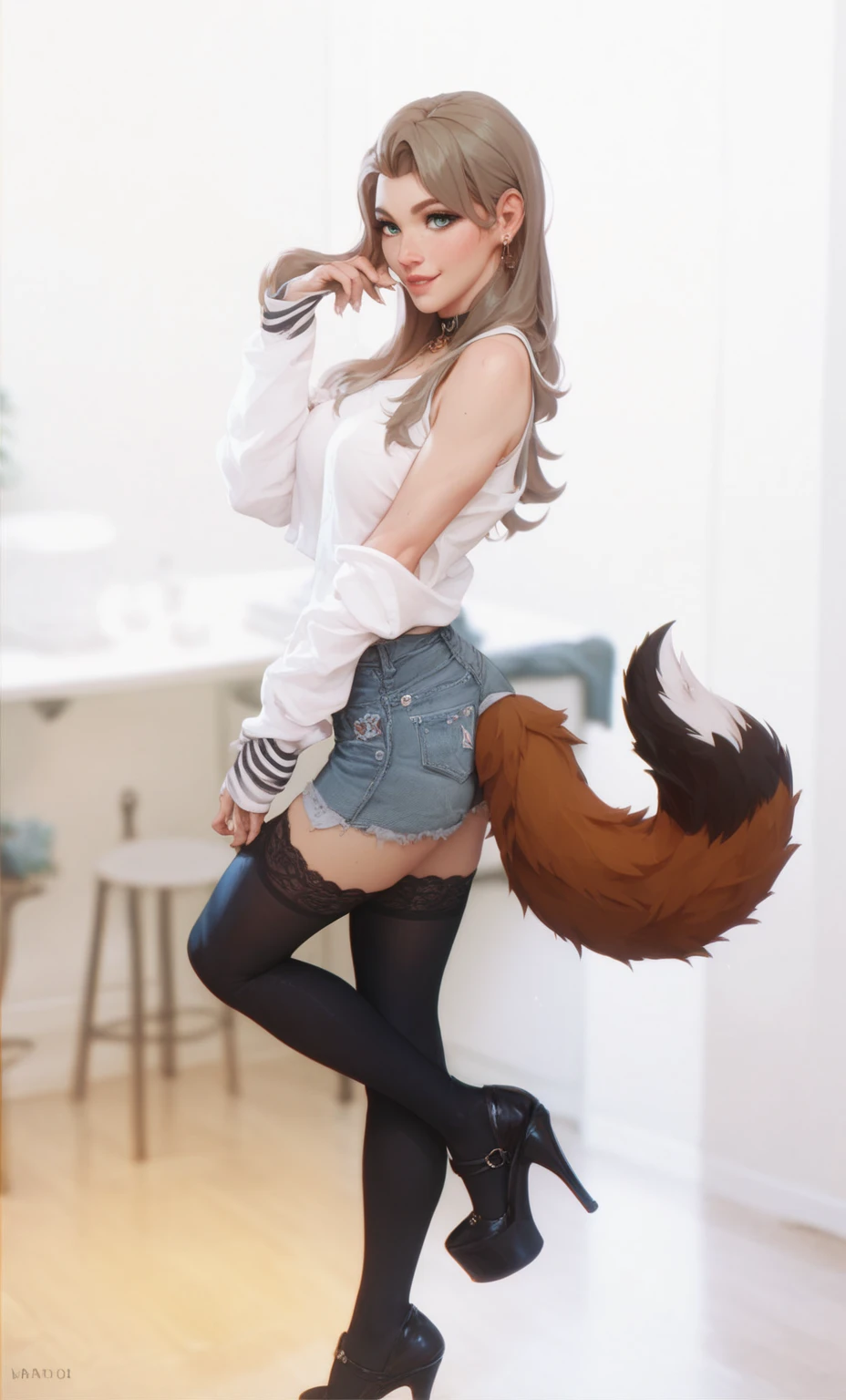 Girl with a furry tail , Fox tail, tail, collared shirt,table top, 最high quality, figure, Ultra-detailed, finedetail, High resolution, 8k wallpaper, 完璧なダイナミックな構figure, Beautiful detailed eyes,Full body shot，Show me your whole body、thin and transparent、long gray hair, ,smile,Harajuku、20 year old girl、eyeliner、beautiful bangs、hair between eyes、最high quality、ultra-detailliert、film light、intricate-detail、High resolution、ighly detailed))、detailed background、8KUHD、Digital single-lens reflex camera、soft light、high quality、film grain、Fujifilm XT3 、shallow depth of field、natural soft light、Kamimei、I looked at my knees., sexy shot looking at camera、on the leg、Full body shot facing the camera、look back、(The fox&#39;s tail is pushing up the skirt:1.9)