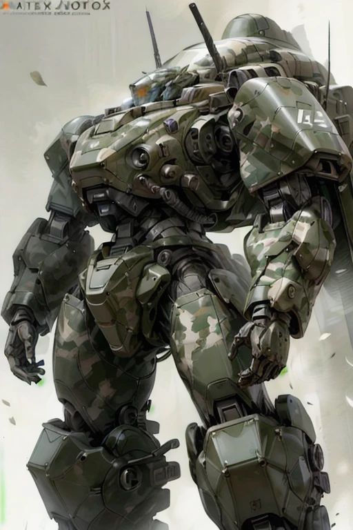 best quality,masterpiece,highly detailed,ultra-detailed, camouflage scheme painted militaryrobot, mecha,battlerobot, science fiction, no humans, concept art, ww3 battle robot huge palette on shoulder, stylized,white background, simple background