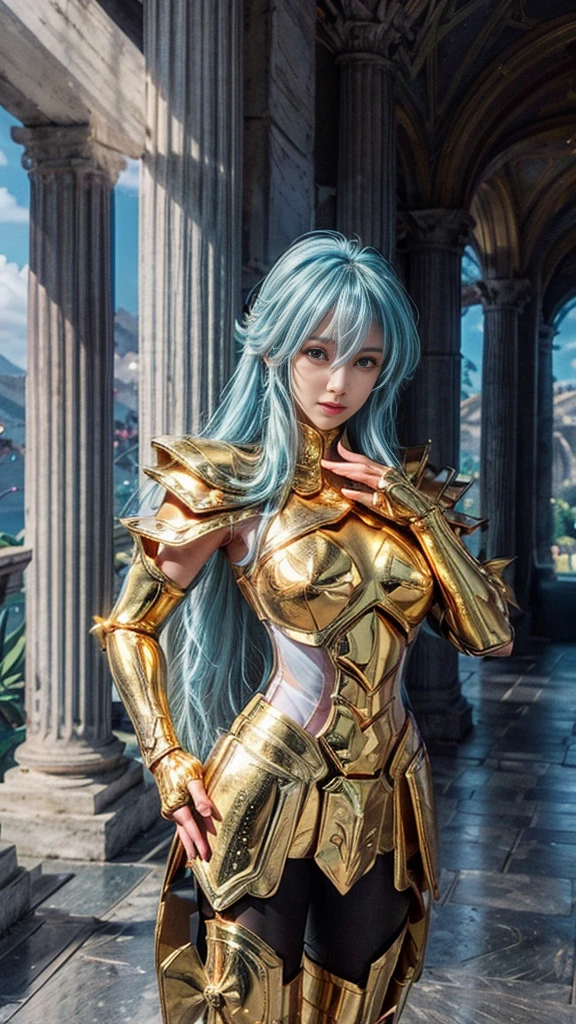 A woman full body fighting pose, female details, Degel Aprodithe from Saint Seiya, masterpiece, best quality, highly detailed RAW color photo, sharp focus, 8k high definition, reading glasses, holding a flower energy, long blue hair, turtle neck, male wearing gold shiny armor, light turquoise blue hair, tight-fitting blue undergarment beneath armor, purple eyes, leg armor, shoulder armor, gold armor, reflection on armor, headset, gold headband, sparking armor, white skin-tight transparent vinyl, gentle smile, in an open and well-lit red flower Coliseum with Greek pillars and garden with flowers, Aprodithe Armor, standing straight, sacredness, landscape, bright, facial freckles (0.1), to8contrast style, posing in a bright Coliseum with Greek ice pillars, rim lighting (1.4), two-tone lighting with soft highlights, octane, unreal, well-lit, aura of wisdom.High Details, huge boobs