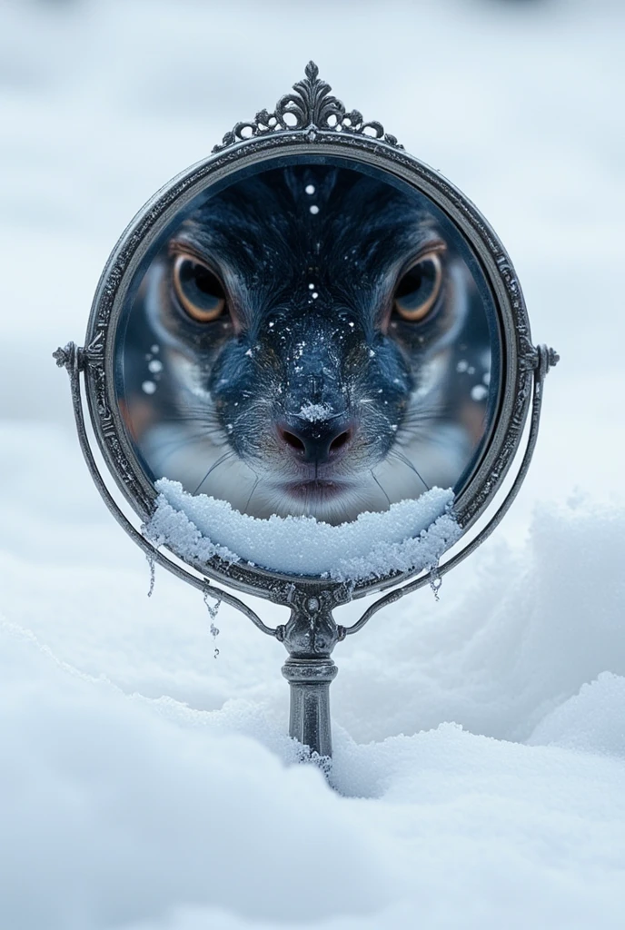 ((masterpiece)) ((photography)) ((Highest quality))  Une image macro hyperdétaillée d'un miroir à main antique posé dans la neige, partiellement recouvert de flocons de neige. L'image d'une pêche avec des yeux et avec un regard curieux sur son visage regarde dans le miroir. Concentrez-vous uniquement sur le reflet, le point de vue étant directement au-dessus de la tête et pointant vers le bas.