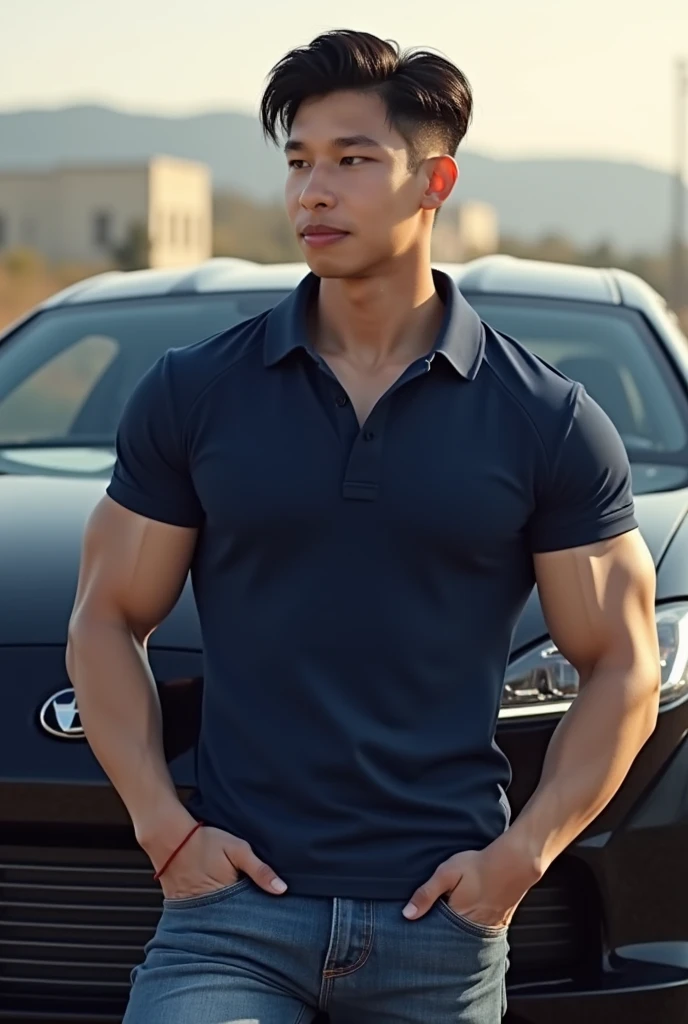 (Create a masterpiece: 1.2),(CGI art:1.3),(realistic:1.5),(After processing:1.3),(Sharp focus:1.3),10,1 man, smile, (Wear a navy tight T-shirt.) , short hair, Korea ,Torn body, facial hair, Indonesian, (High gloss details),chest muscles, large arm muscles, blood vessel, Big muscles, Broad shoulders, sportsperson, football, sit in the car