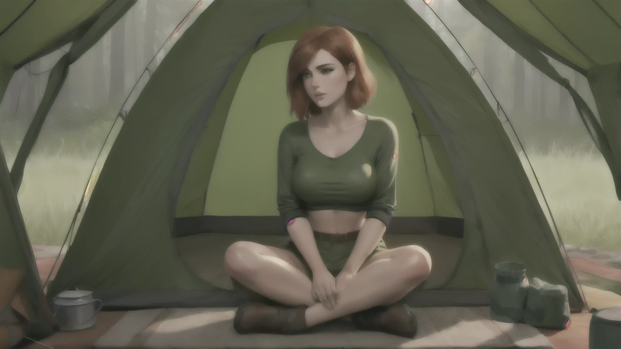 there is a woman sitting in a tent with a green tent, better known as amouranth, amouranth, adventure hyper realistic render, realistic artstyle, realistic art style, wojtek fus, young beautiful amouranth, deviantart artstation cgscosiety, alena aenami and artgerm, triss merigold