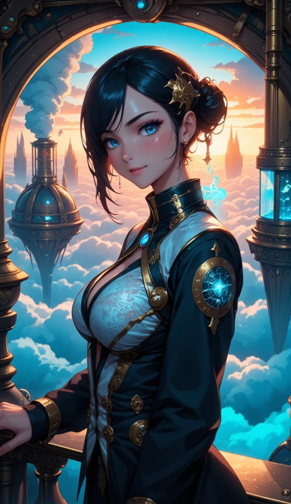 A mesmerizing depiction of WikaSalim, her figure radiating an otherworldly charm with her soft smile and expressive dark eyes. Her outfit is a fusion of Victorian elegance and futuristic design, featuring a fitted jacket with glowing lace patterns and a holographic brooch shaped like a celestial compass. She stands in a steampunk-inspired airship cabin, surrounded by gears, levers, and glowing blue tubes. The foreground shows her hand gently resting on a polished brass railing, with faint steam curling around her. The background reveals a stunning aerial view of floating cities amidst clouds lit by a setting sun. Captured with the precision of a high-end DSLR camera, such as a Canon EOS 5D Mark IV paired with a 50mm f/1.2 lens, ensuring razor-sharp detail and an exquisite depth of field that softly blurs the background into a creamy bokeh. The lighting design features a soft key light with a large diffuser positioned at a 45-degree angle to her right, casting a gentle yet defined glow on her face. A gold reflector on her left subtly warms the shadows, while a faint backlight adds a delicate rim effect, enhancing the subject's contours against the backdrop. The overall composition is framed with an artistic eye, capturing every detail in stunning clarity and balance.