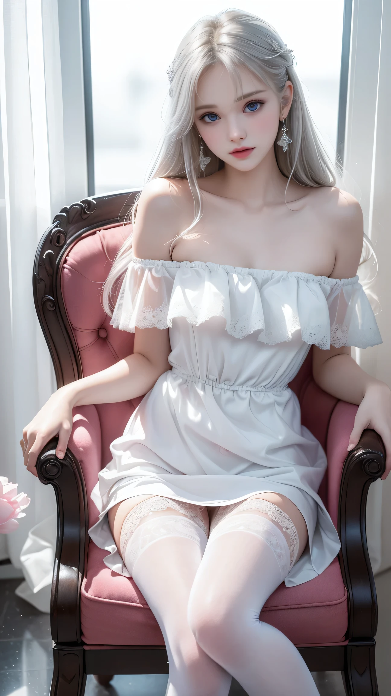 ultra realistic 8k cg, picture-perfect face, flawless, clean, masterpiece, professional artwork, famous artwork, perfect face, beautiful face, beautiful eyes, ((perfect female body)), solo,(immersive atmosphere, chiaroscuro:1.5,bright light:1.2,luminous lighting)
,,(blush:0.5),seductive expression,extremely detailed_eyes,thick thighs,large breasts,
beautifully detailed background,depth of field,realistic:1.3, long shot,1girl,shirt,pleated skirt, school uniform, sitting, full body, 
(ambient light:1.3),(cinematic composition:1.3),(neon lights:0.1),(HDR:0.1),Accent Lighting, white pantyhose,