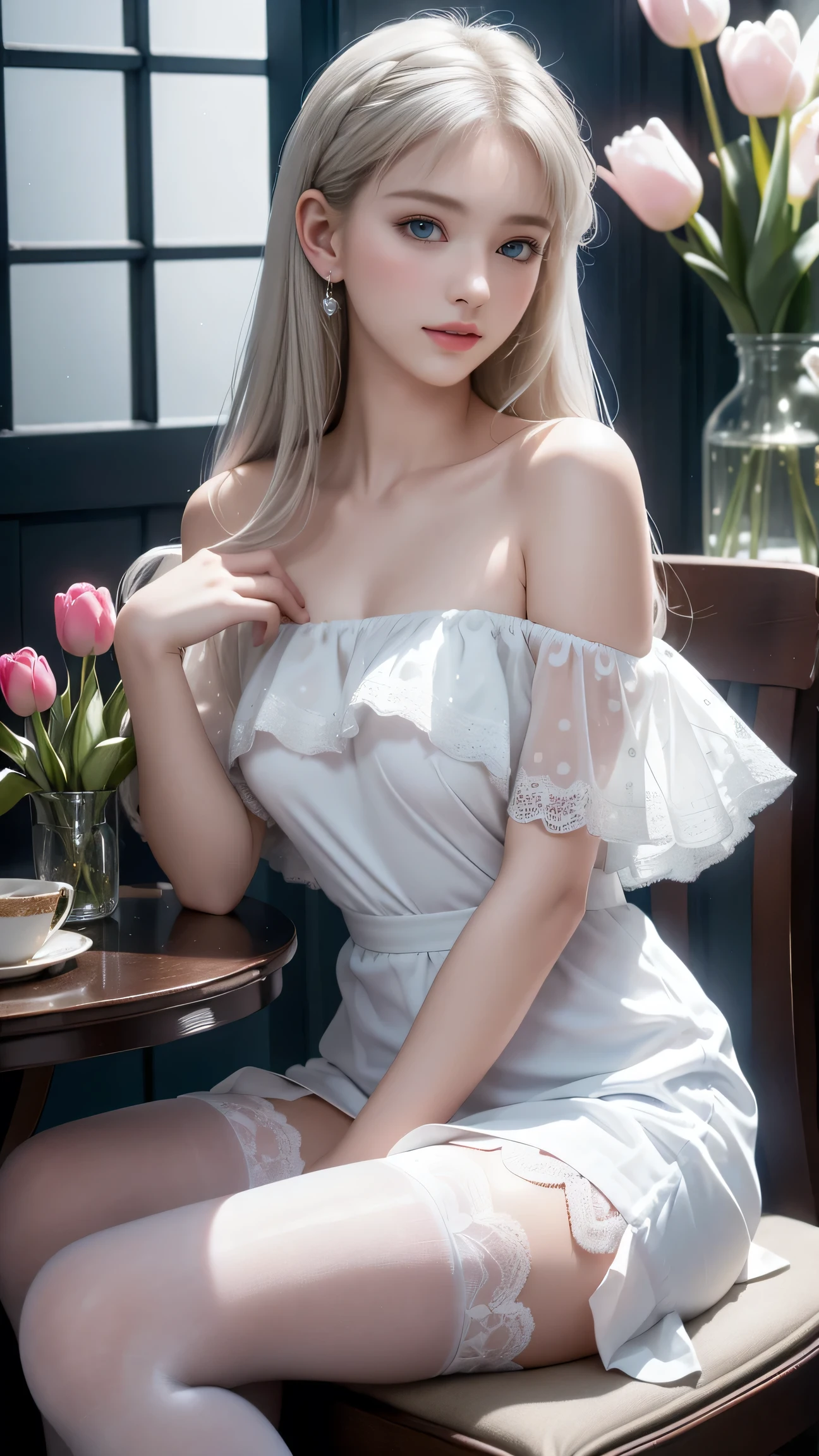 masutepiece, Superb Piece, Daytime, Indoor，sit a chair, Falling flowers, White Dress, 1 girl, A perfect woman, Woman with silver and white long hair, gray blue eyes, pale pink lips, Cold, Serious, Bang, Purple eyes, White clothes, black closing line, Delicate face, Exquisiteface, Standing Bow, tassels, Happiness knot, Smile,Relax on the sofa,open one's legs,White panty,drinking a cup of tea