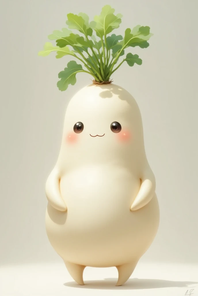 chubby daikon with arms and legs, smiling, standing on simple background,マンドレイク