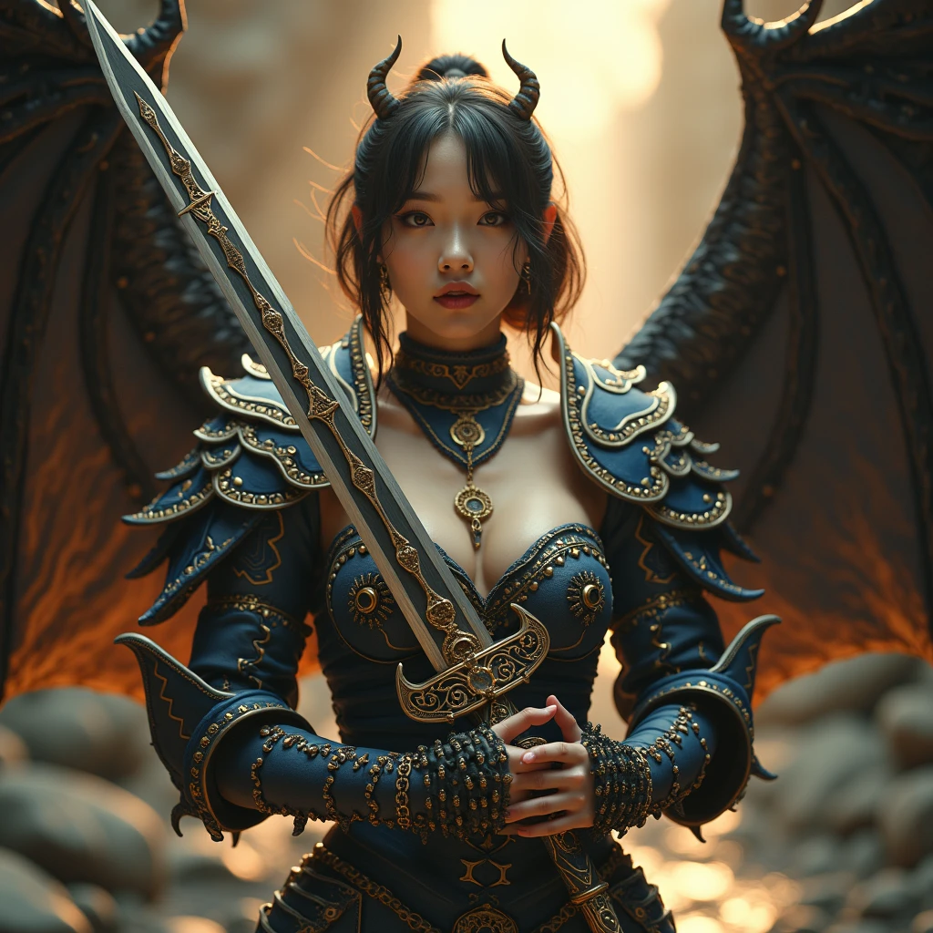 ((World of Darkness)),Professional , masterpiece、top-quality、photos realistic , depth of fields 、(((Fight dragons))),(Dragon Black Metal Body:1.9),(latex black-blue、(cleavage of the breast),(Fight dragons)、、(((Particles of light))),(Micro Bikini Armor:1.7),Gorgeous gold weapons ,(Fight dragons)、Seductive look、The face of the dragon is out、(blood splattere、Armpit、((((With a magic wand))), ) , (((Wearing a black latex wizard hat))),(demonic wings) ,((a blond))、(Castle background)、((Gangle's forest background))、Beautiful Caucasian beauty、1a person、Armpit、dynamic ungle,(((Detailed Silver Dragon Wizard Hat)))、Smaller head、A smile、Castle background、Thin and beautiful female hands、cleavage of the breast、Soldier in iron armor on background、Mystical expression、Light Effects、intense fighting、Wind-effect、magic circles、With the legendary magic wand、Dragon's tail、explosions、Toostock、Toostock、(Beautuful Women),