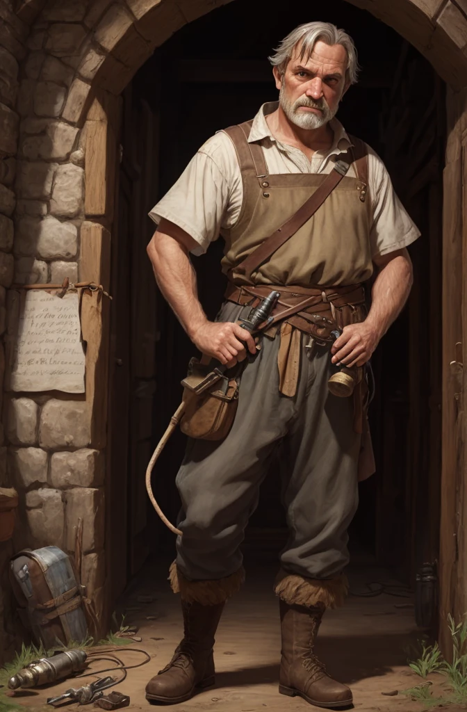  Full body writing all over , rpg, JRG Character, Villager, middle ages, farmer, Mob, Character portrait, Middle-aged man,  installer with electric drill 