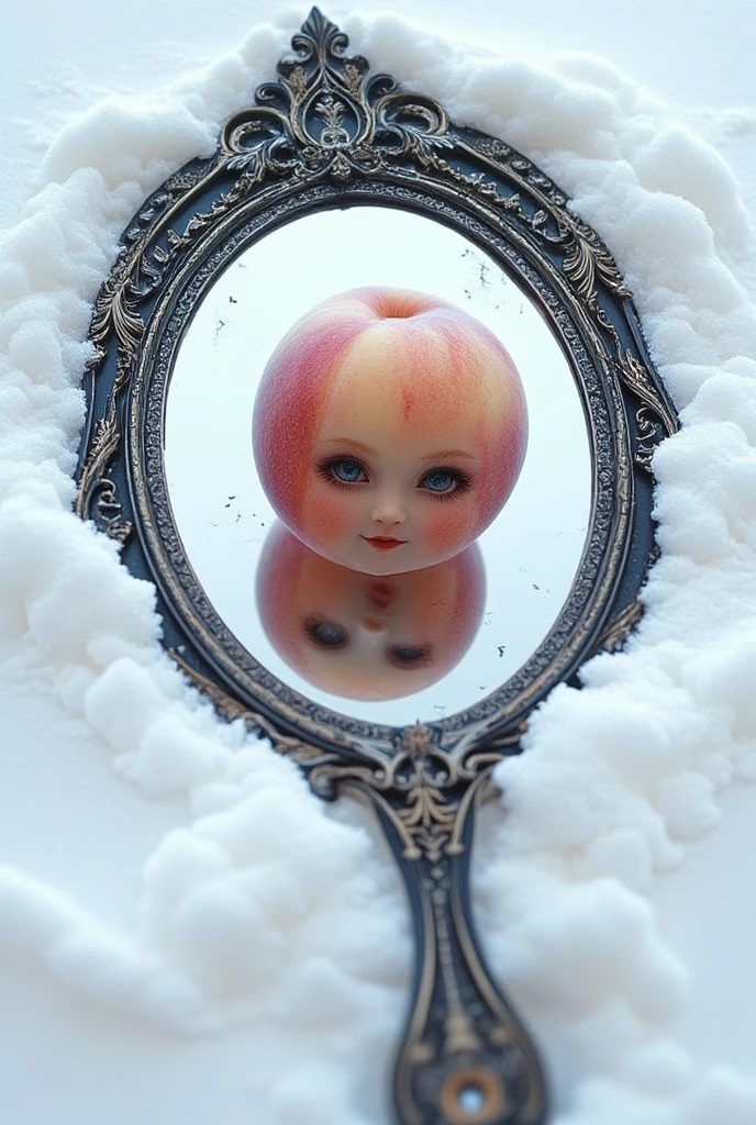 ((masterpiece)) ((photography)) ((Highest quality))  A hyper-detailed macro image of an antique hand mirror lying in pristine, powdery snow, partially dusted with delicate, glistening snowflakes. The ornate frame of the mirror, adorned with intricate filigree and aged patina, creates a striking contrast with the cold, white snow. Within the mirror's reflection, a whimsical peach with human-like features is visible—its round, soft texture detailed with fine skin pores and a slight blush. The peach has expressive eyes and a curious expression, gazing into its own reflection as if lost in thought. The perspective is directly overhead, focusing solely on the reflection and the mirror’s ornate details, while the snowy background adds a touch of serene surrealism.