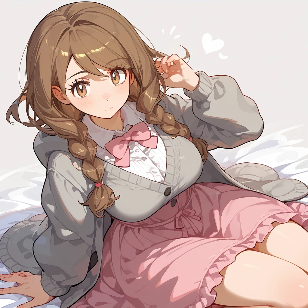 (8k,  top quality,   Masterpiece :1.3), pose, 1 girl,  very beautiful face  , random expression ,ＪＫ_ style for stilets ,(Age 19),Big Breasts, (pokemon), brown hair, brown eyes, grey cardigan, hooded cardigan, cable knit, pink dress, green socks, long sleeves, collared dress,