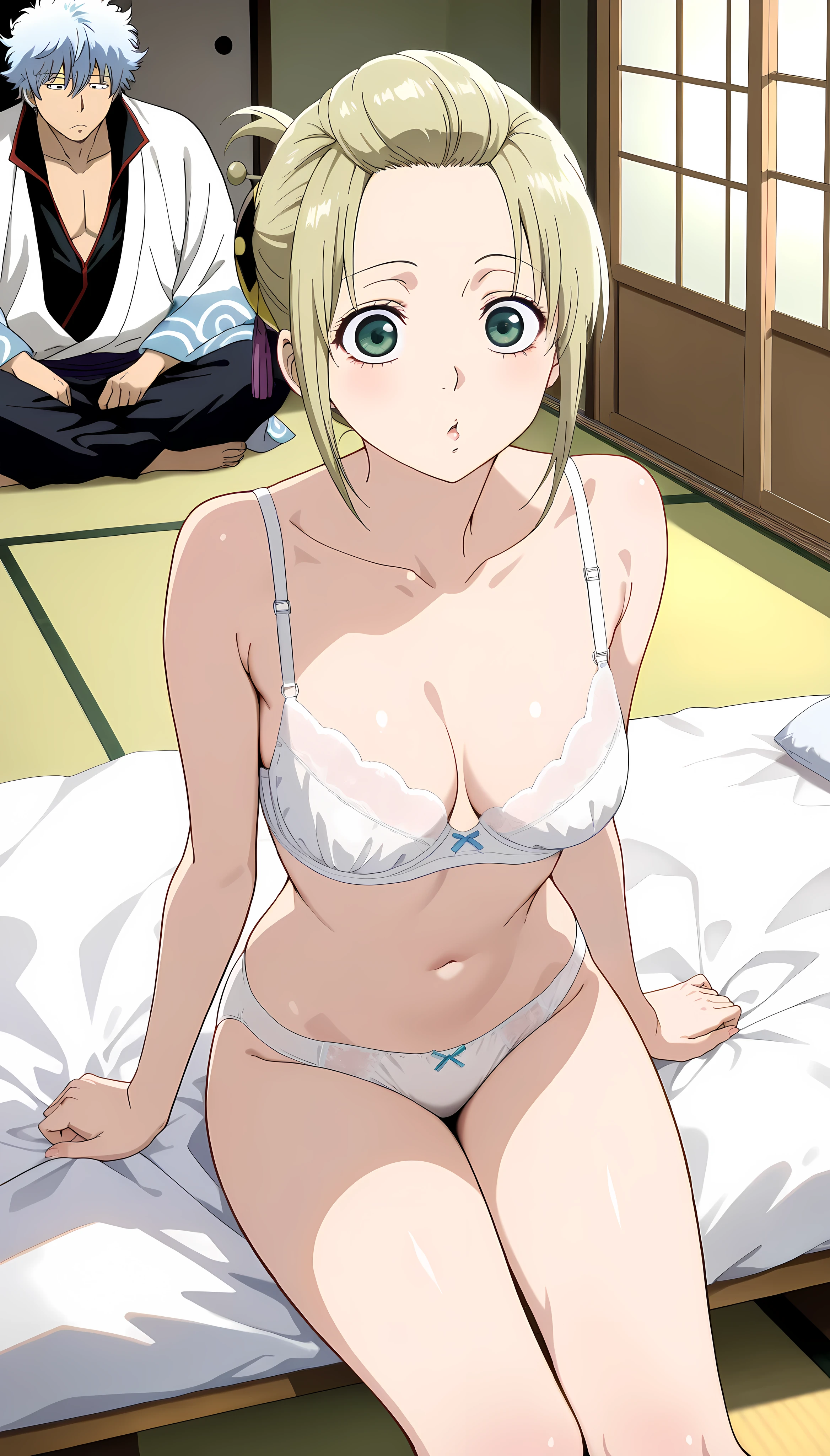 hayasaka,blonde hair, blue eyes, hair Scrunchie, side ponytail, Scrunchie, 1 girl, hair ornaments,alone, hair between eyes,(topless:1.3),, bare shoulders,  white lace panties , cleavage,thighhighs,short hair, 
beautiful long legs,Beautiful body,beautiful character design, perfect eyes, Perfect face,expressive eyes, looking at the viewer, {{{((missionary position:1.3))}}}, lie on back ,lie on bed,in the center of the image, official art,High Definition CG Unity, Perfect lit, bright_front_face_lit, ,(Highest_quality:1.0),4k,Super detailed, photograph, 8K, nffsw, High resolution, absurd:1.2, kodak portrait 400, film grain, Lens flare, (lively_color:1.2) (beautiful,medium breasts:1.4), (beautiful_face:1.3),(narrow_waist),blush,
(((detail nipple)))