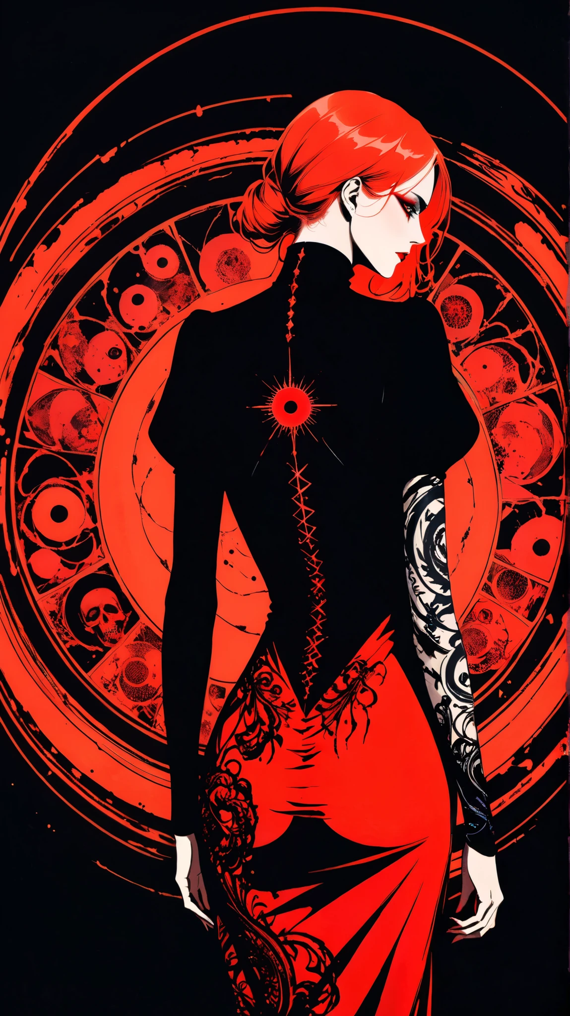 [in style of Lillian Bassman,(in style of Hans Hartung:1.1)](in style of Harry Clarke:0.7),(in style of Santiago Caruso), 
1girl,  (own arm between breasts, between breasts:1.3), long hair,black high-neck bodycon dress,(juliet sleeves:1.3),hip-wrapping pencil long skirt,(from behind:1.2),(tattoo show:1.1),(bloodshot of the all-seeing eye:1.1),(blood radiation,bloody art:1.2),(fluorescence red:1.6),(Absolute darkness:1.2)


