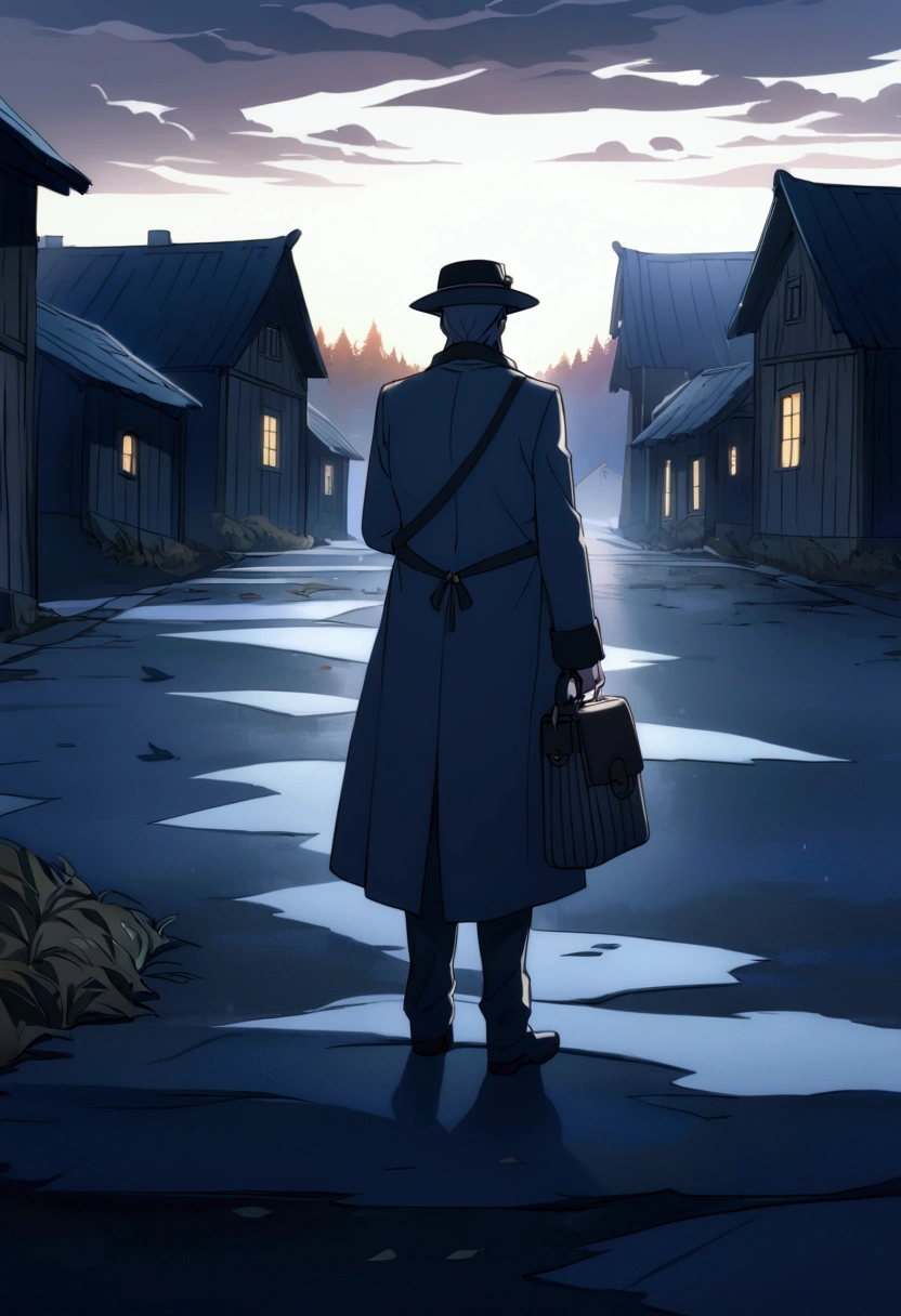 A man in an old-fashioned hat, standing on an empty village road, looking into the distance, pensive, holding an old bag, in a dark coat, autumn landscape, fallen leaves on the road, the dim evening light, cold air, in the distance can be seen an old house with closed windows, gray clouds in the sky, fine rain, emptiness around, quiet, abandoned village, the man is alone, his eyes are full of sadness and hope, dusty path along the road