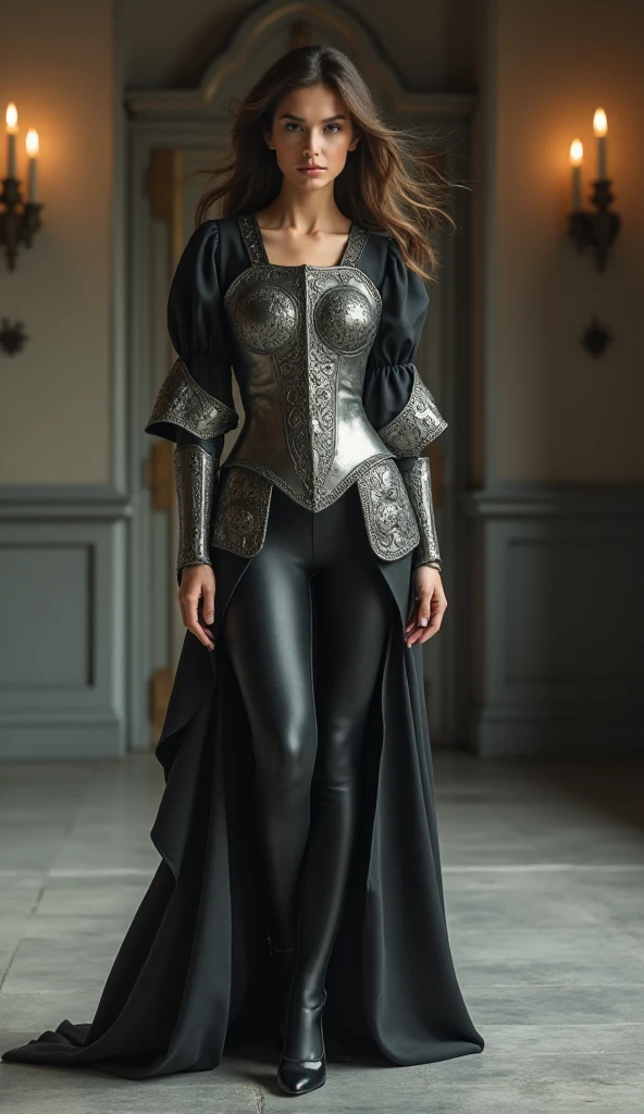 Full body shot realistic photography. A beautiful woman wearing a unique blend of medieval and modern fashion. She is dressed in a medieval-inspired gown with puffy sleeves at the shoulders and tight-fitting fabric along the arms. Over her upper body, she wears a polished steel cuirass with intricate engravings, designed to cover only the torso without any tassets or similar lower armor. Below the navel, she wears fitted tights, and her feet are adorned with elegant high heels. The setting is a softly lit hall with a luxurious medieval aesthetic, highlighting her graceful pose and the harmonious mix of armor and dress. Solid gray background