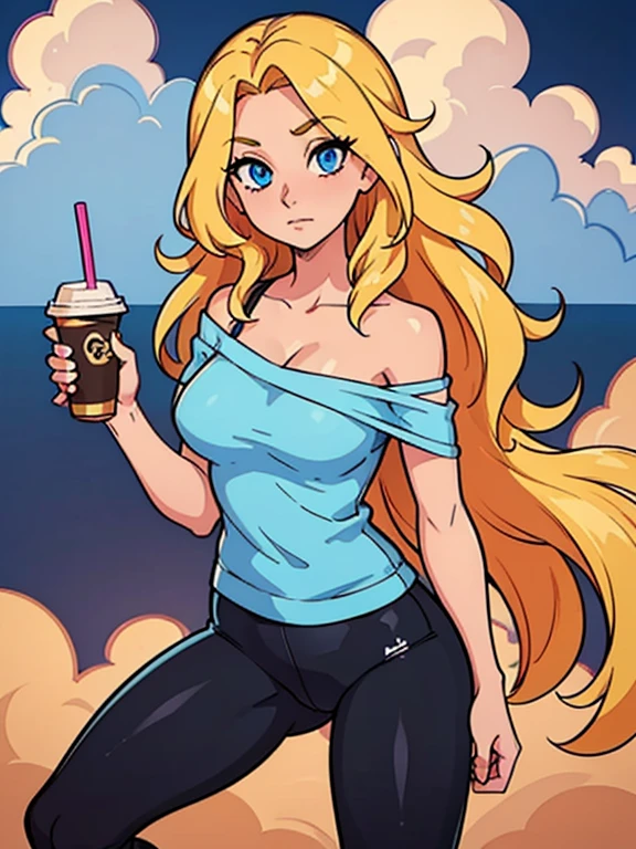 (masterpiece:1.2),(best quality:1.2), perfect eyes, perfect face, volumetric lighting, 1girl, solo, Zoomer woman, a very beautiful woman, wavy hair, blonde hair, blue eyes. She's wearing a white off-shoulder t-shirt, a pink cloud symbol in the middle of the shirt, and Lululemon-branded black leggings. She's holding an I-Phone in her right hand and a Frappe cup in her left hand
