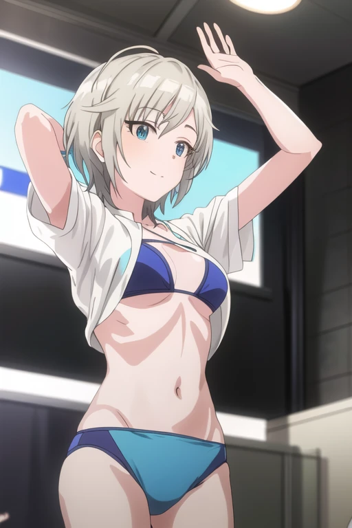 ​masterpiece,  top quality,  high definition ,  1 girl, White Hair,  short hair,   blue eyes ,  medium chest , She waves her hand, Idol,  bikini swimsuit, A lot of people are gathered around the hair tournament , smile,  open her mouth ,  stage, Idolマスター シンデレラガールズ,、(Shirt Up 1 .2)、belly button、 bra very 、