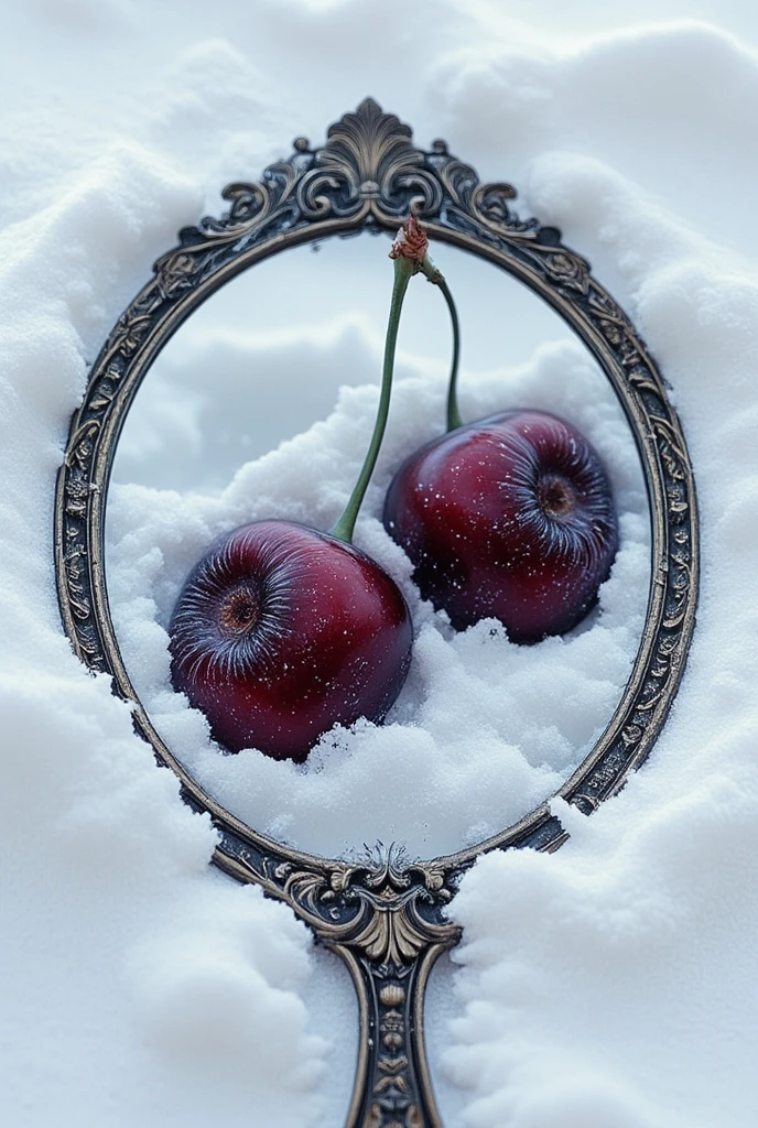 ((masterpiece)) ((photography)) ((Highest quality))  A hyper-detailed macro image of an antique hand mirror lying in pristine, powdery snow, partially dusted with delicate, glistening snowflakes. The ornate frame of the mirror, adorned with intricate filigree and aged patina, creates a striking contrast with the cold, white snow. Within the mirror's reflection, two surreal cherries with skin-like textures are visible—their surfaces detailed with fine pores and subtle wrinkles, resembling human skin. The cherries are joined by a single stem, their expressions eerily lifelike, with curious and slightly melancholic eyes gazing into the mirror. The perspective is directly overhead, focusing solely on the reflection and the mirror’s intricate design, while the snowy background enhances the surreal and unsettling atmosphere.