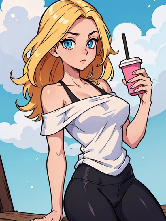 (masterpiece:1.2),(best quality:1.2), perfect eyes, perfect face, volumetric lighting, 1girl, solo, Zoomer woman, a very beautiful woman, wavy hair, blonde hair, blue eyes. She's wearing a pink off-shoulder t-shirt, a white cloud symbol in the middle of the shirt, and Lululemon-branded black leggings. She's holding an I-Phone in her right hand and a Frappe cup in her left hand
