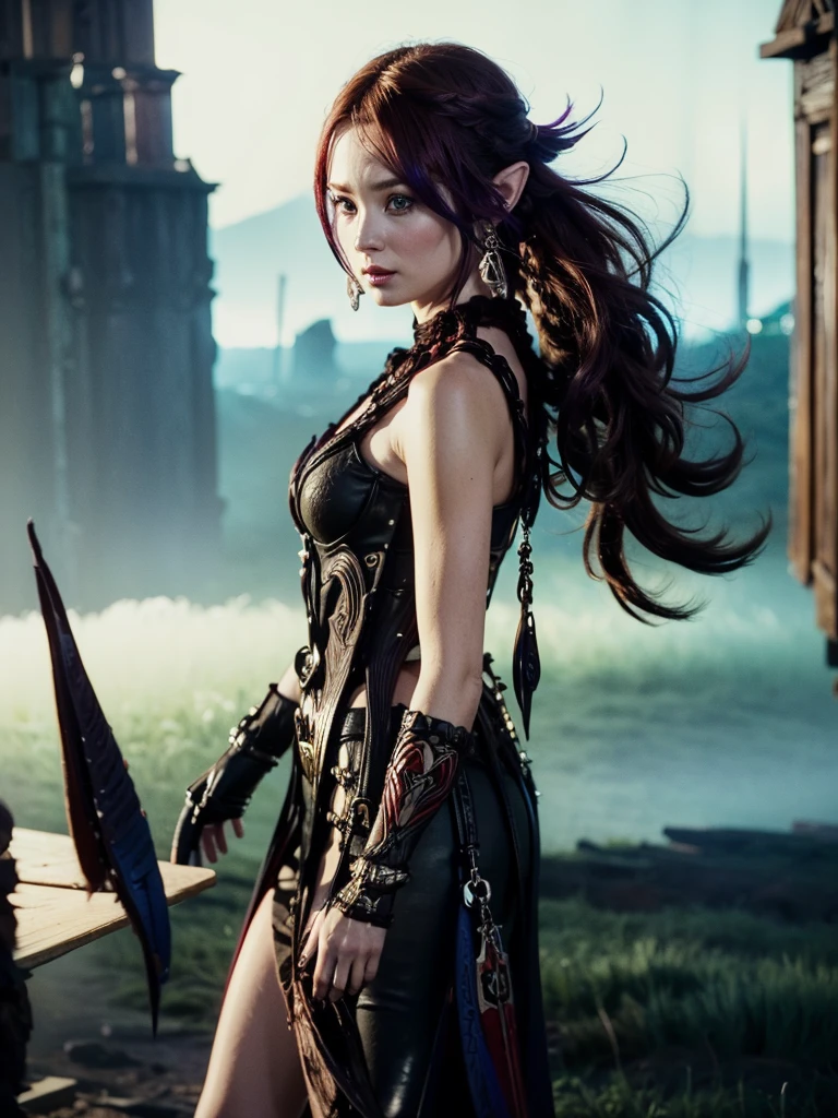 A tall woman in realistic portrait of high quality and detail, european, Chasca (Genshin Impact), long elf ears, 30yo, perfect face, athletic body, Dark red hair reaching to the middle of the back, and bright blue eyes. The bangs have a purple tint at the tips and completely cover the left eye. If you look closely, you will notice a small pigtail on the right side of the head. a short sleeveless top with a cutout at the bottom, black leggings of different lengths, high-heeled boots and a red scarf around the neck. Her image is completed by a brown belt with a massive buckle, a hat with feathers, a gold earring in her right ear and fingerless gloves, pointed ears. anime style, dark fantasy style, dark atmosphere, melancholic dramatic look, beautiful pink makeup, glow, eye shadow, 1girl, Depth & Perspective, fine face, She stands on the stone, outdoors, canyons on background, evening time, looking at viewer, (ultra-high detail:1.2), Masterpiece, Best Quality, Ultra-detailed, Cinematic lighting, 8K, delicate features, cinematic, 35 mm lens, f/1.9, highlight lighting, global lighting –uplight –v 4, cinematic, Cinematic lighting, 8K, high quality, Highest Quality, (Solo Focus), (extremly intricate:1.3), (Realistic), masterful, Analog style, (Film grain:1.5), (cold tone)