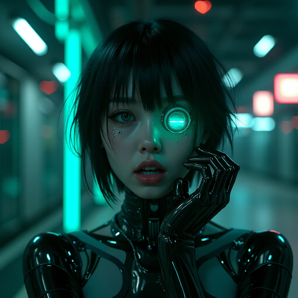 a teen Natalie Portman wearing intricate bodysuit sitting as a captivating figure amidst hundreds of computers and monitors and cables, like Lain in her room. her physical appearance tells a story of tragic transformation and decay, evoking both fascination and a sense of unease. the teenage hacker girl's youthful countenance, her flesh, vibrant and alive,