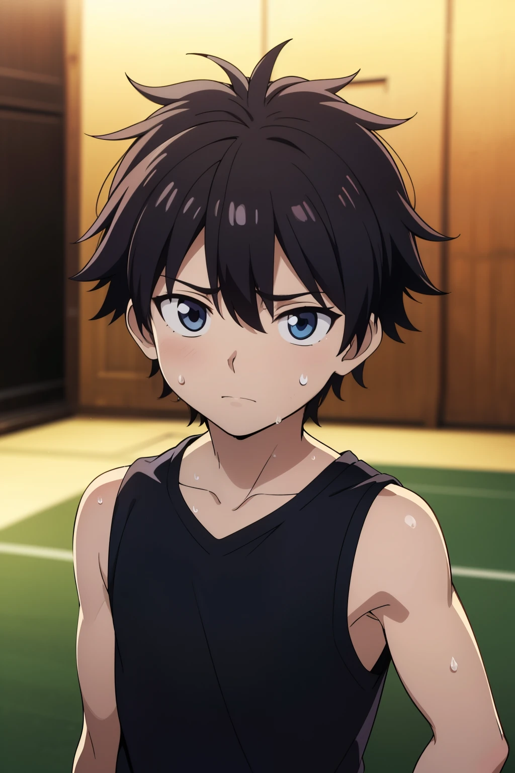 Highres, Masterpiece, Best quality at best,Best Quality,hight quality, hight detailed, 1boy, Shota, messy hair, sweat, upper body, Depth of field, Anime Screencap Style, bare shoulder, armor, Sleeveless armor, Looks like an innocent boy, Seen from front, look good boy, Cute boy, (very small and short stature), (very young boy), Twelve year old boys, bokeh, Blurry beckground