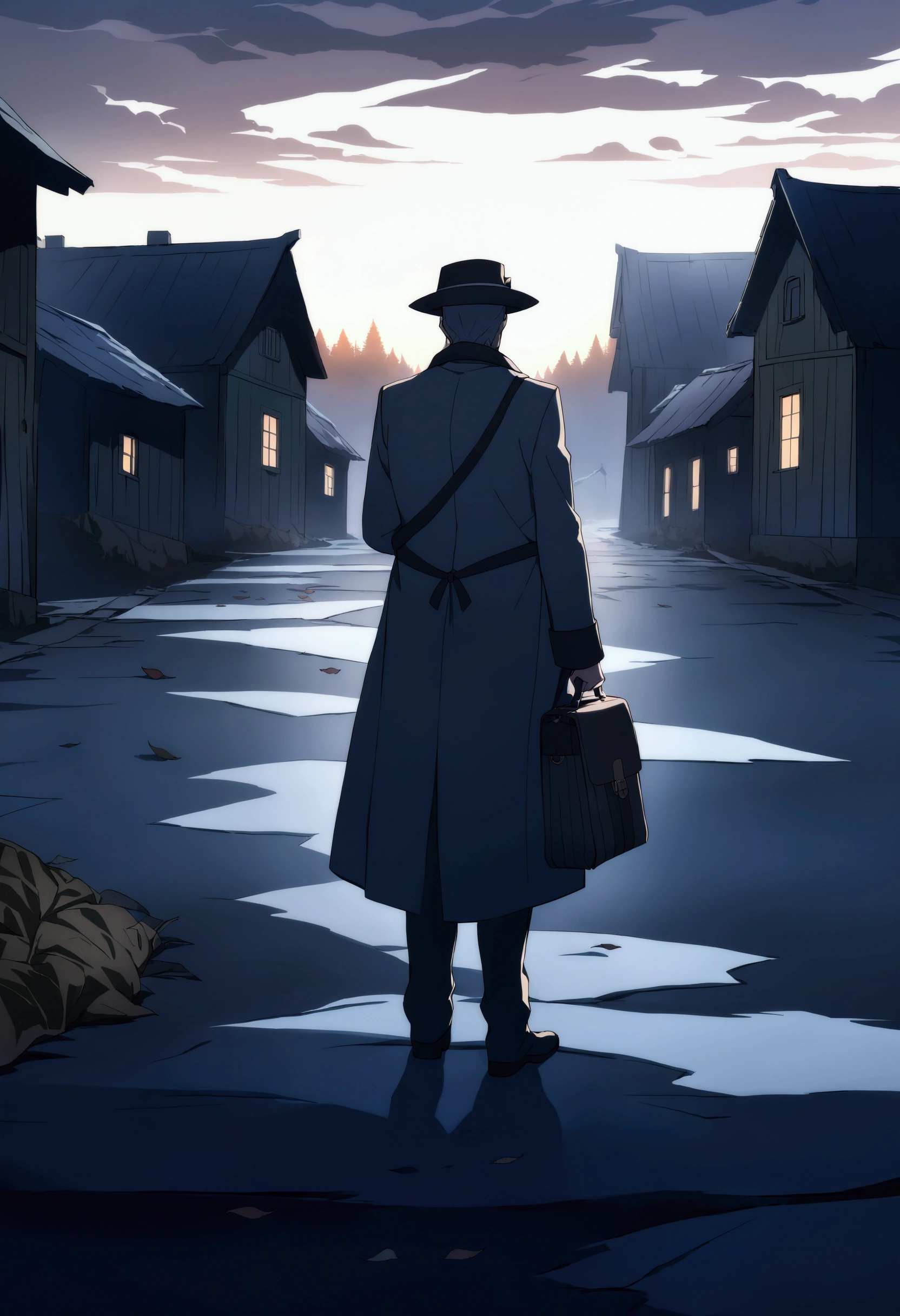 A man in an old-fashioned hat, standing on an empty village road, looking into the distance, pensive, holding an old bag, in a dark coat, autumn landscape, fallen leaves on the road, the dim evening light, cold air, in the distance can be seen an old house with closed windows, gray clouds in the sky, fine rain, emptiness around, quiet, abandoned village, the man is alone, his eyes are full of sadness and hope, dusty path along the road