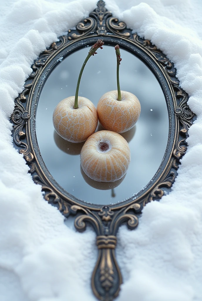 ((masterpiece)) ((photography)) ((Highest quality))  A hyper-detailed macro image of an antique hand mirror lying in pristine, powdery snow, partially dusted with delicate, glistening snowflakes. The ornate frame of the mirror, adorned with intricate filigree and aged patina, creates a striking contrast with the cold, white snow. Within the mirror's reflection, two surreal cherries with beige human skin-like textures are visible—their surfaces detailed with fine pores and subtle wrinkles, resembling human skin. The cherries are joined by a single stem, their expressions eerily lifelike, with curious and slightly melancholic eyes gazing into the mirror. The perspective is directly overhead, focusing solely on the reflection and the mirror’s intricate design, while the snowy background enhances the surreal and unsettling atmosphere.