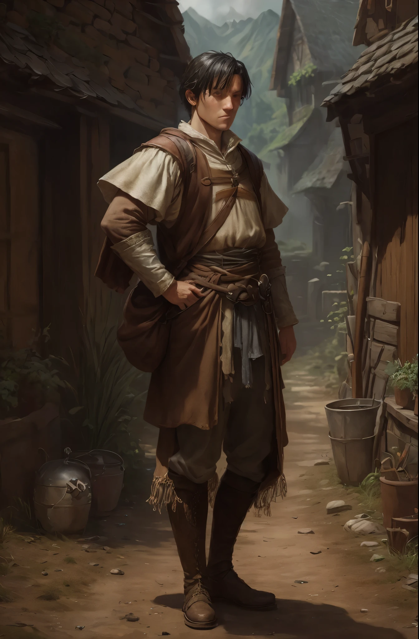  Full body writing all over , rpg, JRG Character, Villager, middle ages, farmer, Mob, Character portrait,  black hair,  all back, Featureless face