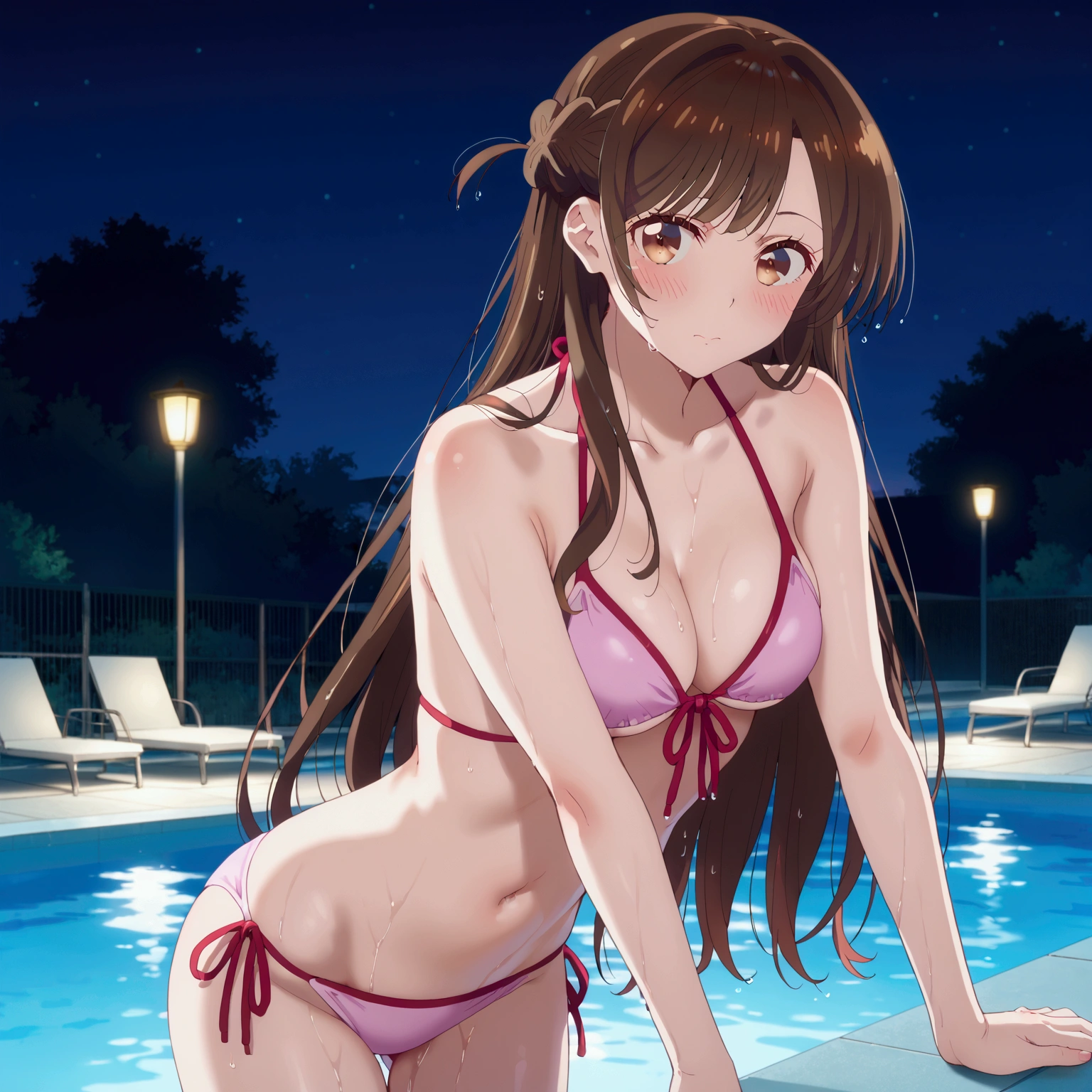 ChizuruIchinose,1girl,brown hair,long hair,french braid,brown eyes, Stand, Bikini Swimwear, Bikini bottoms, sexy pose, blush, shy, Pose seductively, Posing provocatively, Wet body, pool, night, looking at viewer, Body tingling, Thig