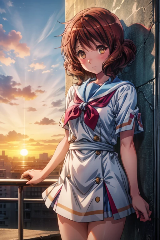  1 girl,  high definition , solo,  shortcuts,  cowboy shot,  top quality,  anatomically correct, kumiko omae school　rooftop　sunset