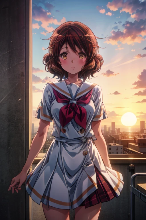  1 girl,  high definition , solo,  shortcuts,  cowboy shot,  top quality,  anatomically correct, kumiko omae school　rooftop　sunset