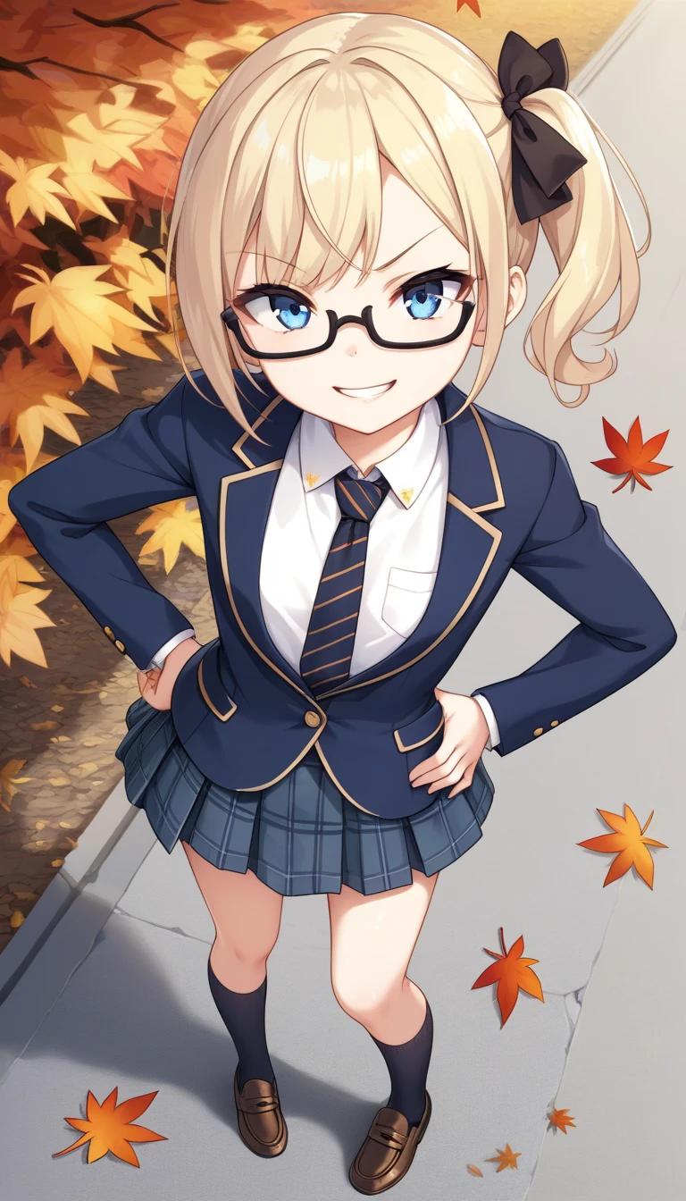 score_9, score_8_up, score_7_up,quality_masterpiece, quality_best,rating_safe,source_anime,BREAK,

1girl, loli, small breast,caucasian, pale skin,slender,side ponytail,very short hair,blonde hair,blue eyes, rosy cheeks,(black nodoka glasses),BREAK,

fur scarf,dark blue blazer, navy tartan check skirt,white button-up shirt, (black and gold striped tie),(pantyhose),(brown loafers),BREAK,

raised eyebrow, smirk, teeth, parted lips,hands on hips,standing, legs apart,BREAK,

looking up, looking at viewer,from above, perspective, foreshortening,full body shot,standing on a lot of autumn leaves