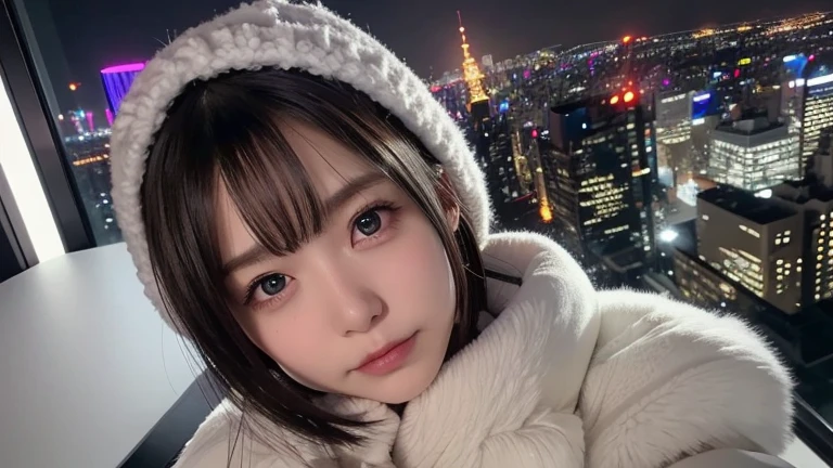 winter, observation deck on skycraper of Tokyo, in the night, look down gorgeous cityscape, dressed in fluffy warm winter fashion, neat fashion, clean appearance, tilt head forward, fidgeting, expression of heart is pounding with tension, blushing, short length hair, shiny black hair, hair fluttering in the wind, beautiful white-colored translucent skin, slendar figure, cold and shivering, took a selfie together, reached out her hand towards me, {realistic}, {cinematic}, {photogenic}