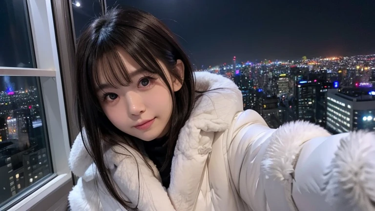 winter, observation deck on skycraper of Tokyo, in the night, look down gorgeous cityscape, dressed in fluffy warm winter fashion, neat fashion, clean appearance, tilt head forward, fidgeting, expression of heart is pounding with tension, blushing, short length hair, shiny black hair, hair fluttering in the wind, beautiful white-colored translucent skin, slendar figure, cold and shivering, took a selfie together, reached out her hand towards me, {realistic}, {cinematic}, {photogenic}