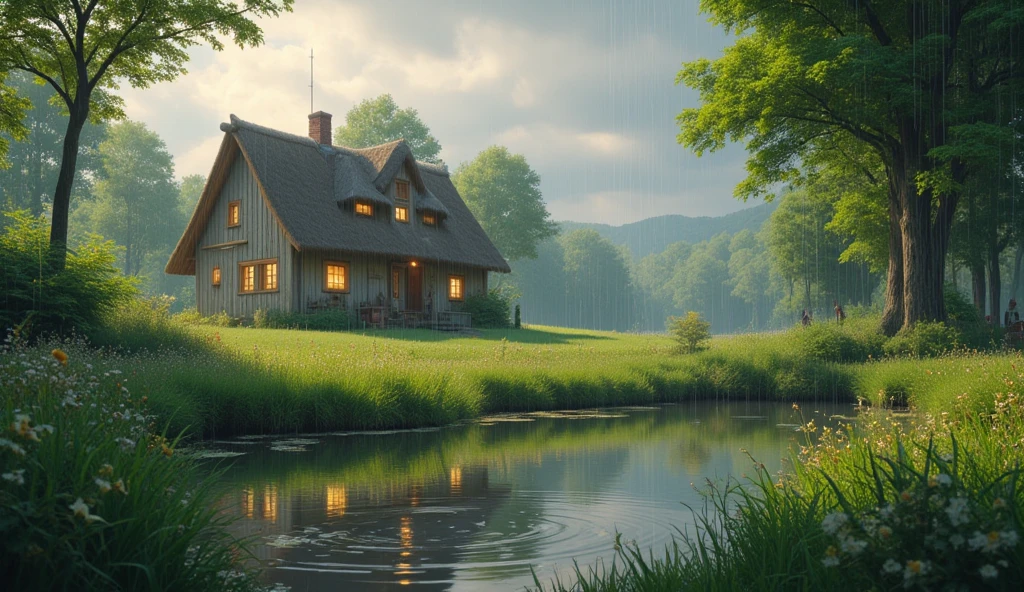 A tranquil scene of gentle rain falling over a serene countryside ...