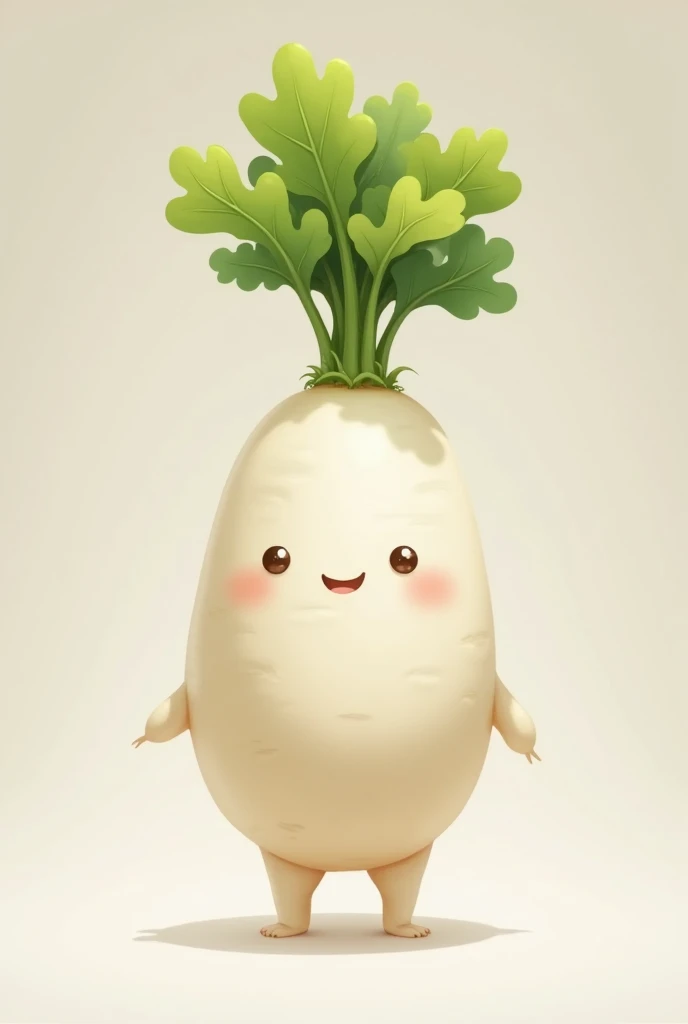 chubby daikon with arms and legs, smiling, standing on simple background