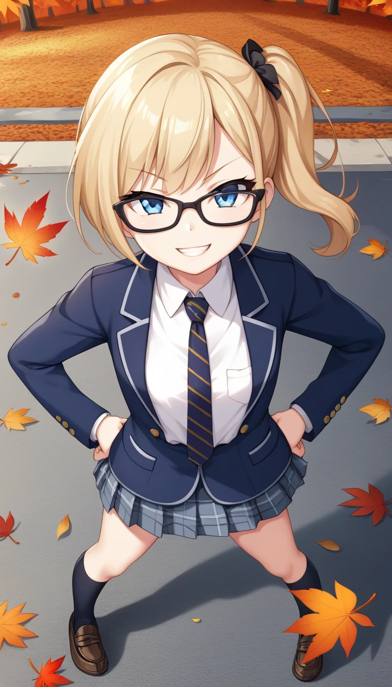 score_9, score_8_up, score_7_up,quality_masterpiece, quality_best,rating_safe,source_anime,BREAK,

1girl, loli, small breast,caucasian, pale skin,slender,side ponytail,very short hair,blonde hair,blue eyes, rosy cheeks,(black nodoka glasses),BREAK,

fur scarf,dark blue blazer, navy tartan check skirt,white button-up shirt, (black and gold striped tie),(pantyhose),(brown loafers),BREAK,

raised eyebrow, smirk, teeth, parted lips,hands on hips,standing, legs apart,BREAK,

looking up, looking at viewer,from above, perspective, foreshortening,full body shot,standing on a lot of autumn leaves