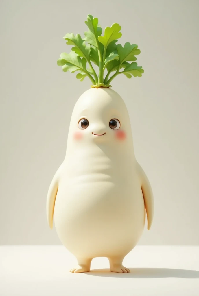 chubby daikon with arms and legs, smiling, standing on simple background, detailed 3D render, photorealistic, high definition, vibrant colors, soft lighting, cute, adorable, whimsical, surreal, fantasy, 4k, highly detailed, intricate