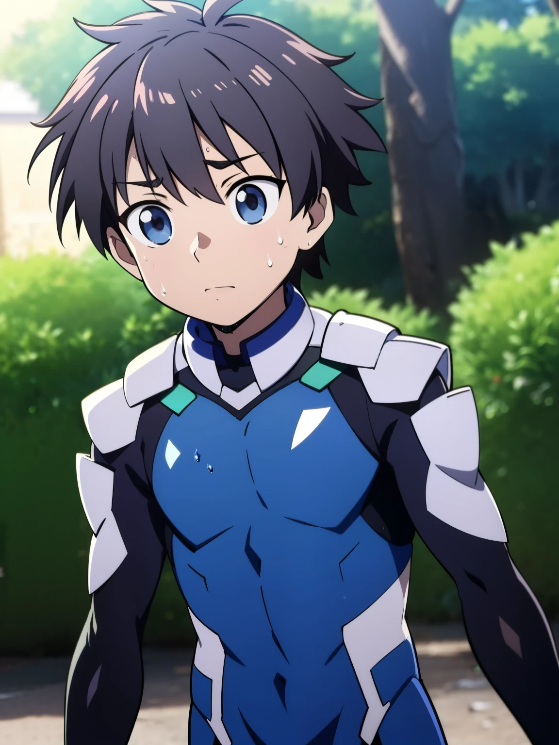 Highres, Masterpiece, Best quality at best,Best Quality,hight quality, hight detailed, 1boy, Shota, messy hair, sweat, upper body, Depth of field, Anime Screencap Style, blue plugsuit, armor, Looks like an innocent boy, Seen from front, look good boy, Cute boy, (very small and short stature), (very young boy), Twelve year old boys, bokeh, Blurry beckground