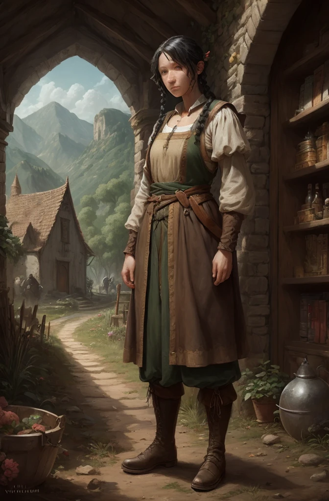  Full body writing all over , rpg, JRG Character, Villager, middle ages, farmer, Mob, Character portrait,  black hair,  all back, Featureless face, woman