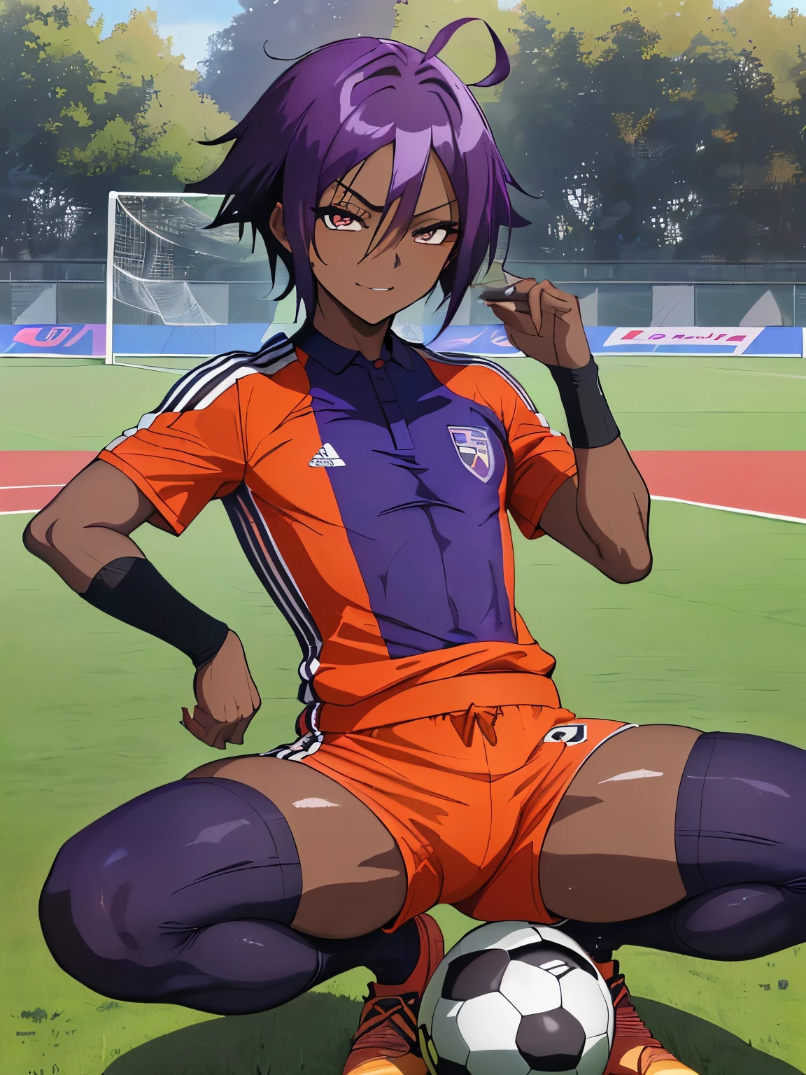 (((Official art,superfine illustration,hight resolution, masutepiece, best qualtiy,Best Quality,)))hightquality, detaileds, (A ),, A young ace striker male idol with a super cute face,A boy as beautiful as Planding, Cool handsome face with smile, soccer spike, Long legs, thighs thighs thighs thighs, Foots, Bulge, (Purple hair、Spiky hairstyle)、Shiny hair, (tight shiny orange soccer uniform suit), (tight and shiny soccer shorts), (Soccer Socks), tussock, Cool pose, (厚いthighs thighs thighs thighs、Seduce your big ass to your crotch)、(((soccer field in the park)))、((cocky、))、Smirk、Spread legs,Ultra-fine painting, (Best Quality, 4K, 8K, hight resolution, masutepiece:1.2),(((Being aware of the sexual gaze of middle-aged gay men)))、Service Shots、(((Dark skin)))、((detailedsな目:1.2))、kawaii eyes、