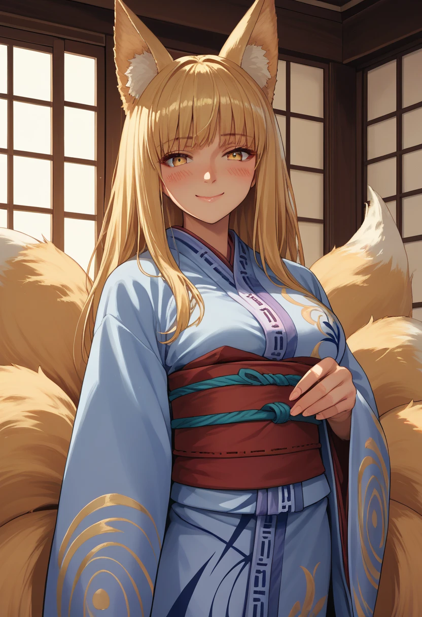 score_9, score_8_up, score_7_up, source_anime BREAK 1girl, solo, inari, yellow eyes, fox ears, fox tail, multiple tails, blonde hair, long hair, large breasts, blue kimono, sash, standing, indoors, fantasy, smile, blush, looking at viewer, pov