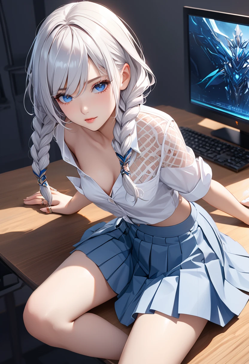 "1 girl, incredibly detailed 8k computer graphics, perfect model, mesmerizing idol, Stunning face, unearthly beauty, virgin white hair, ring braids, Charming Blue Eyes, White shirt, pleated gray skirt,  brown tights, lean on the table  , whole body, legs spread, pussy visible, thong mesh, unbutton your shirt, bare chest, Background room, maximally depraved, back view