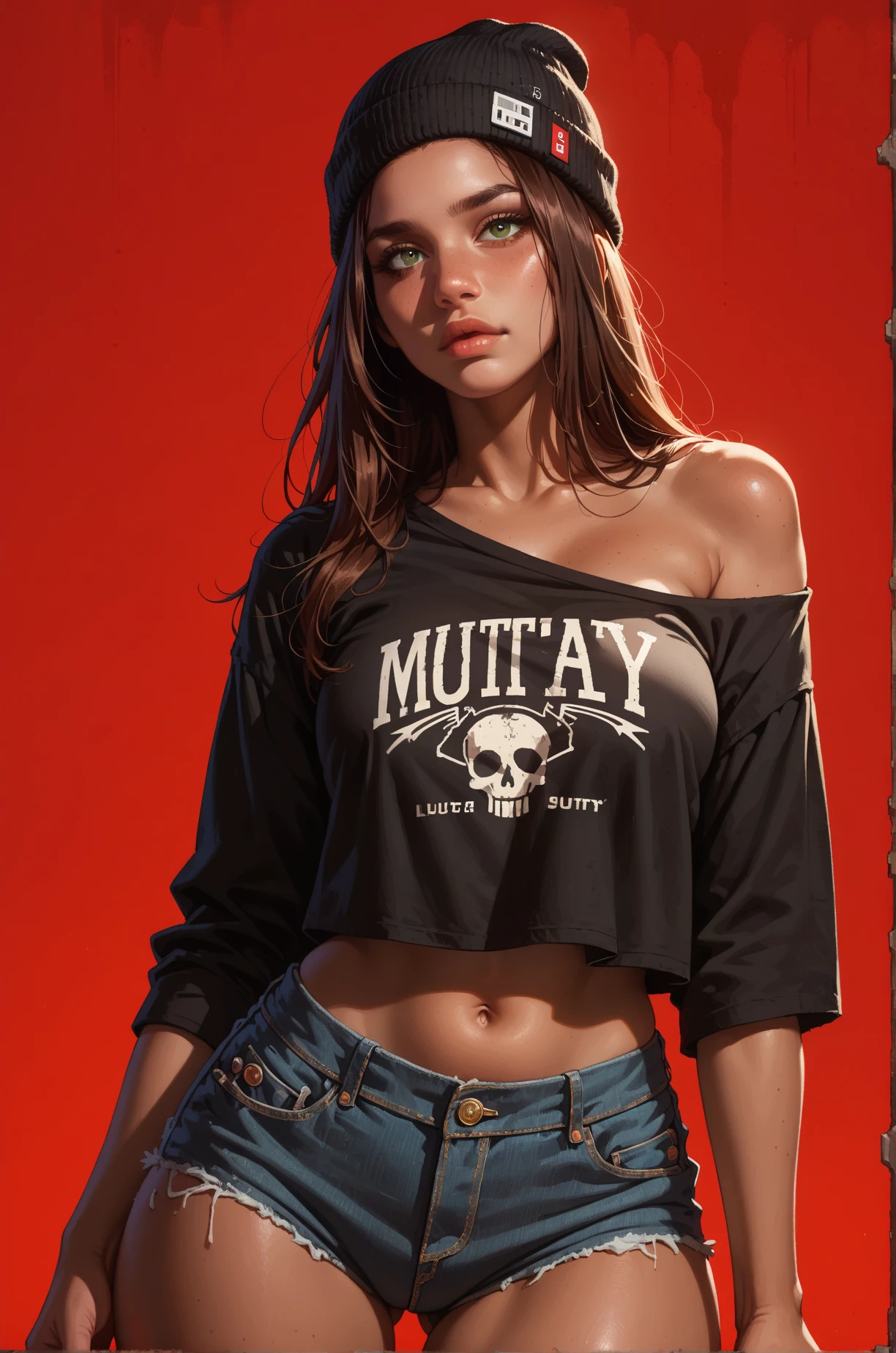 score_9, score_8_up, score_7_up, cartoon of a girl, solo, sexy, slutty, brown skin, hazel green eyes, brown hair, straight hair, black beanie, black off-shoulder shirt, denim shorts, wide hips, atmospheric lighting, moody and gritty, low key lighting, bright red background, simple background